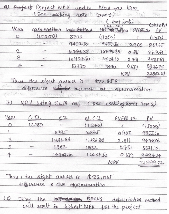 9 Profett Project NPV under New teex law (see working note Case 1 13 in Golden yolcott (Amt in $) in (CI-20 Yeas cash out flo