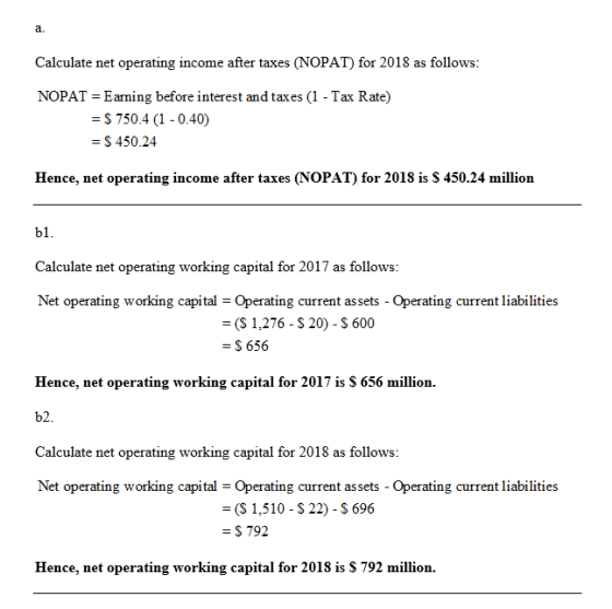 Calculate net operating income after taxes (NOPAT) for 2018 as follows: NOPAT = Earning before interest and taxes (1 - Tax Ra