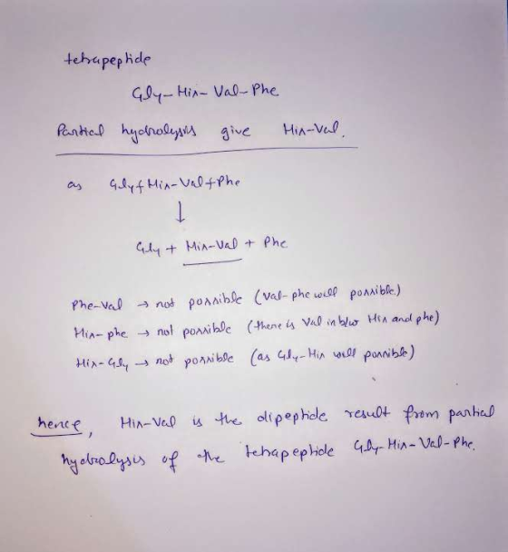 tehrapeptide Gly-Hix - Val-Phe Partial hydrolysis give Hix-val. as Glyf Hix-ValfPhe Gly & Min-val & Phe Phe-val not possible