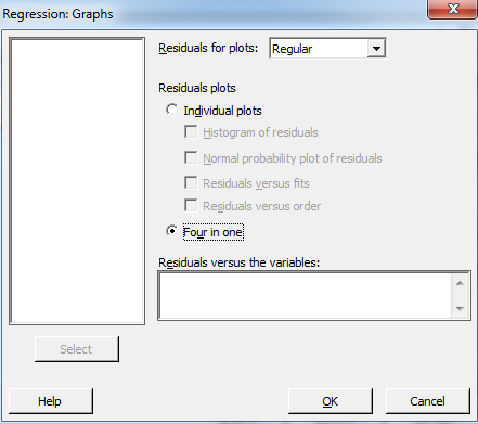 Regression: Graphs Residuals for plots: Regular Residuals plots C Individual plots Histogram of residuals Γ Normal probabilit