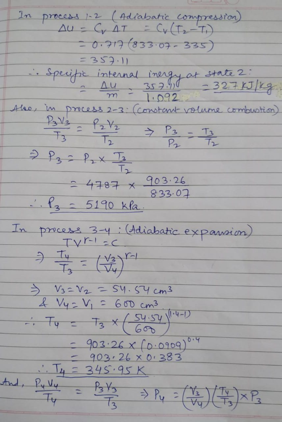 In process 1-2 (Adiabatic compression) Дu - С Дт сут, -1 ) -0.717 (833.07 - 335) =357.11 - . Specific internal inergy at stat