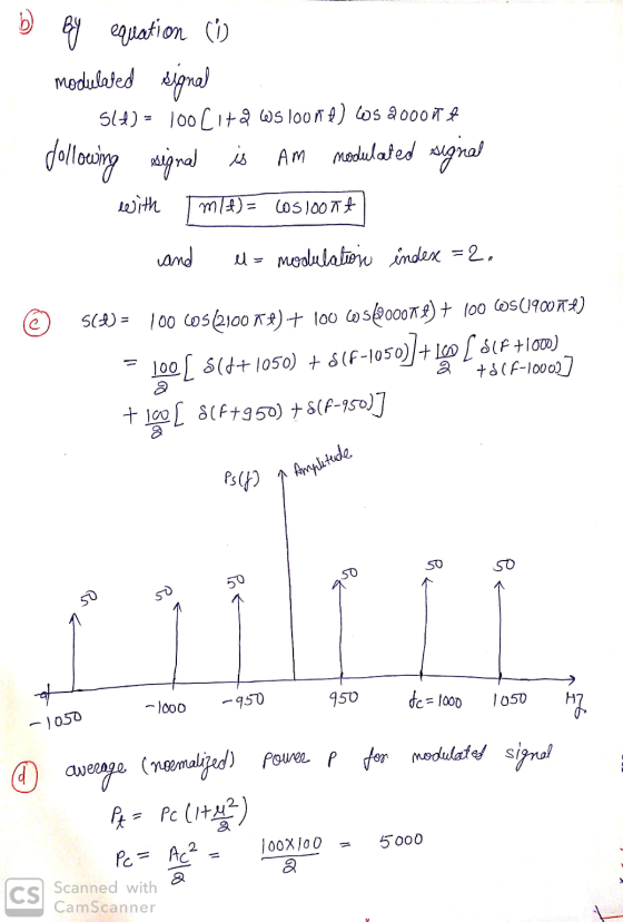 By equation (0 modulated signal Sl&)= 100 cita Wsloone) as 2ooont signal is Am modulated signal with m(t) = cos loont followi