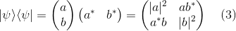 |\psi\rangle\langle\psi | = \begin{pmatrix} a\\ b \end{pmatrix}\begin{pmatrix} a^{*} & b^{*} \end{pmatrix} = \begin{pmatrix} |a|^{2} & ab^{*}\\ a^{*} b& |b|^{2} \end{pmatrix} \quad (3)