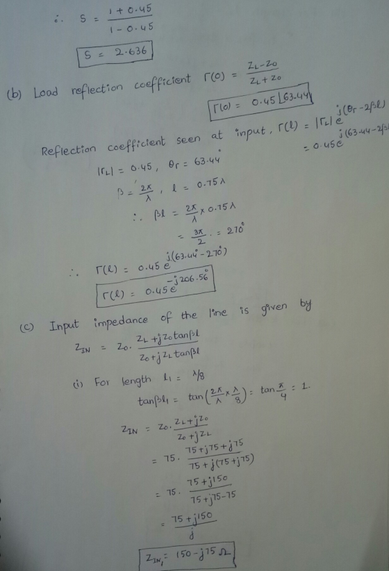 s !+ 0.45 1-0.45 15 - 2.636 20 coefficient r(o) = 2 2 - 2 10 ZLt Zo (b) Load reflection 110) = 0.45 L63.444 input, r(e) = 1r