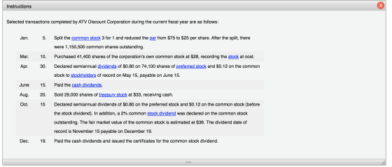 Instructions Selected transactions completed by ATV Discount Corporation during the current fiscal year are as follows: Jan.