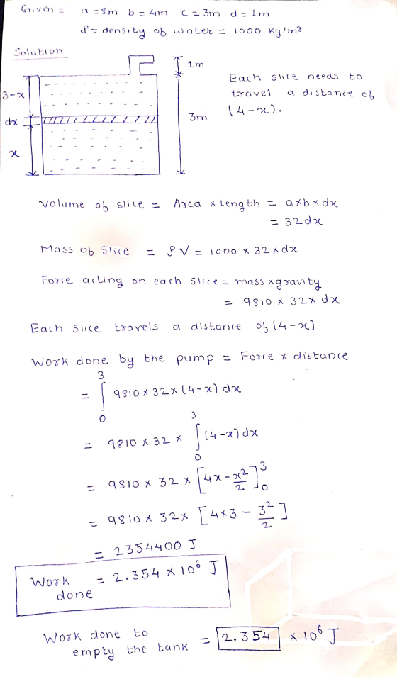 Given = a=sm b=4m c=3m d=1m P = density of water = 1000 kg/m3 Solution Z Tim Each slire needs to travel a distance of 3-2 dx