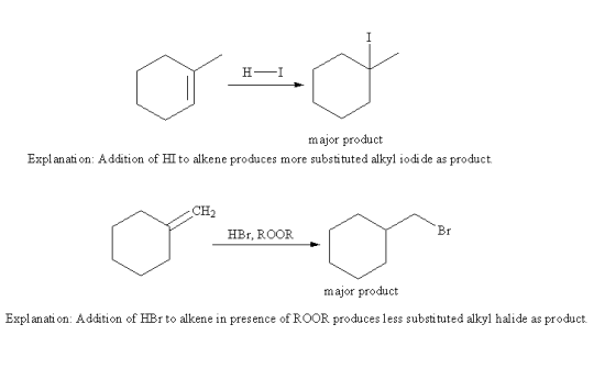 major product Explanati on: Addition of HI to alkene produces more substituted alkyl iodi de as product. CH2 HBr, ROOR major