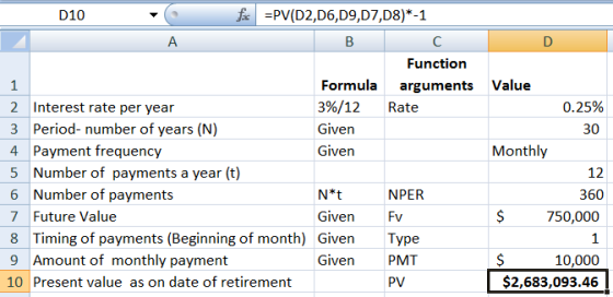 D10 to =PV(D2,D6,D9,07,08)*-1 А B с D Function 1 Formula arguments Value 2 Interest rate per year 3%/12 Rate 0.25% 3 Period-n