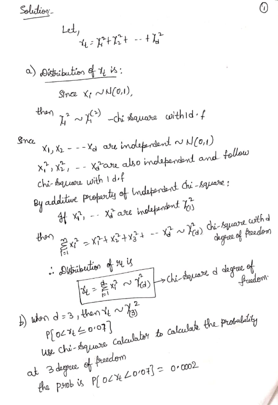 Solution - Let, 74-X2+12+ -- the a) Distribution of of is: Since X; WN(0,1), then mit uyuschi Square withid of qr(. Кі, у Xo,
