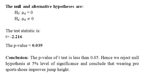 The null and alternative hypotheses are: Ho: ud = 0 H: Md 70 The test statistic is: t=-2.216 The p-value = 0.039 Conclusion: