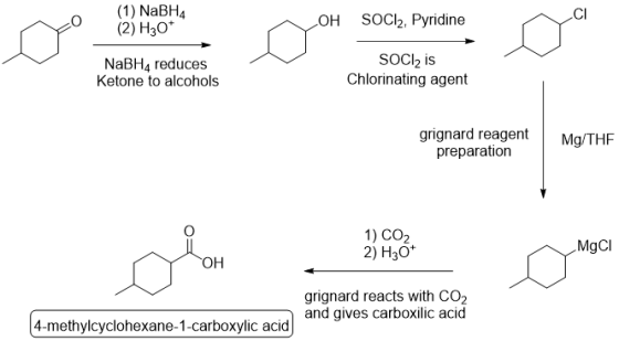 (1) NaBH4 (2) H30* OH SOCI2, Pyridine NaBH4 reduces Ketone to alcohols SOCl2 is Chlorinating agent grignard reagent preparati