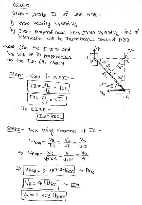 Solution:- Steps: locate IC of link ADB:- ů Draw velocity VA and up ij Draw perpendi culas lines from va and Ve, point of int