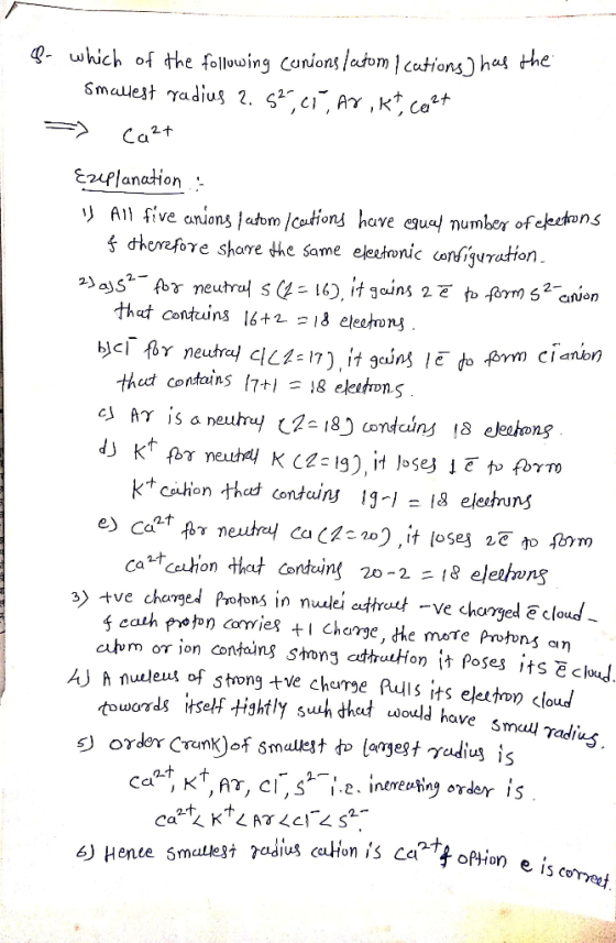....... . - which of the following canions/atom Ications) has the smallest radius 2. 52, cr, Ar, kt, ce?t => cat Ezeplanation