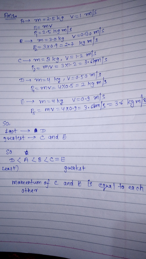 Anso Am A m=2.5kg v=1ms P = my P = 2.5kg mis m = 3.0 kg v=ogoms v=0.90 P=3x0.9=2.7 kgm/s 8 C m =bka, v= 1.2 ms. P= mv=3x1.2=3