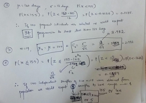 ② = 160 days, s= 13 days. P(x <155) aus 5 -13 dan 12 ) in Axelss) - P(Z < 150-160 AP (24-0.4166) = 0.3385. If 100 pregnant in