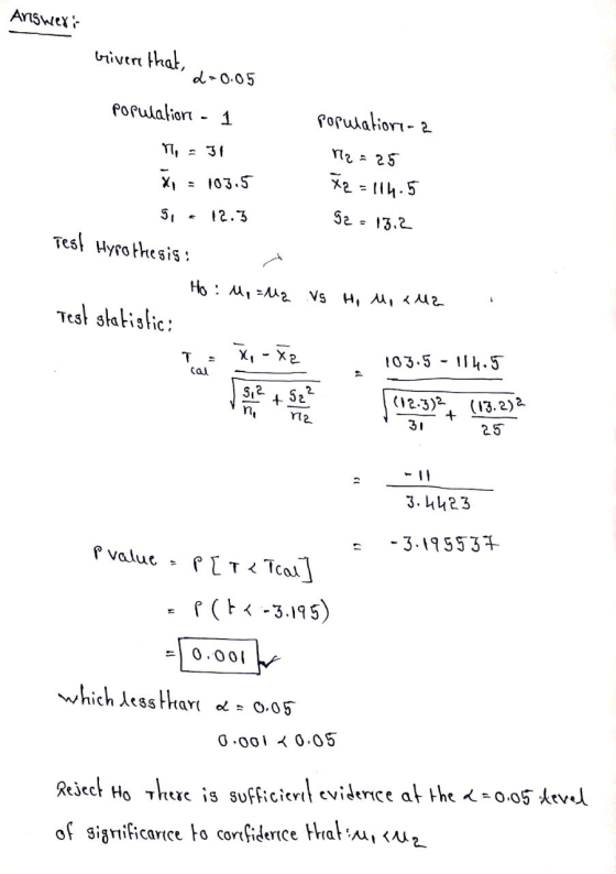 Answer: bivere that L-0.05 population - 1 populations-a r2 = 25 Xa = 114.5 X = 103.5 si 12.3 9a. = 13.2 Test Hyrothesis: Ho: