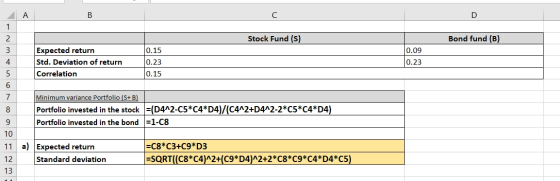 D Stock Fund (s) Bond fund (B) 0.15 Expected return Std. Deviation of return Correlation 0.09 0.23 0.23 0.15 NMODE Minimum va