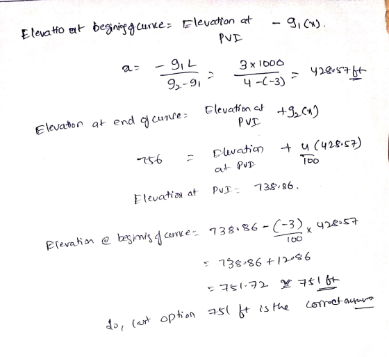 Elevatio at beginig of curve Elevation at arw - PUI 9,L 3x1000 9.-gi- 4-(-3) = 428:57.ft a= - - Elevation at - PUI t. (A) Ele