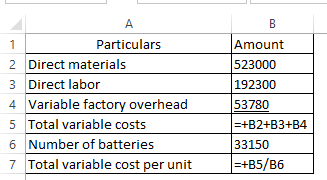 A B Amount 523000 192300 53780 +B2+ B3+ B4 33150 =+B5/B6 Particulars 1 2 Direct materials 3 Direct labor 4 Variable factory o