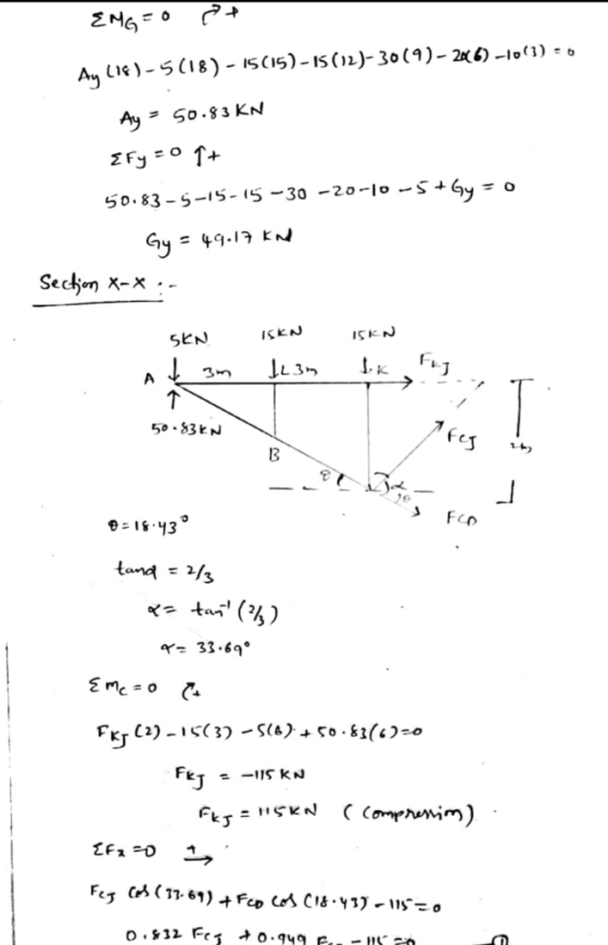 ENG - 0 तक An (IS)-5(18) - 15015) - 15 (12)-3019)-206) -1013)=0 Ay = 50.83 KN Efy = 0 9+ 50.83-5-15-15-30-20-10-5+ Gy - 0 - G