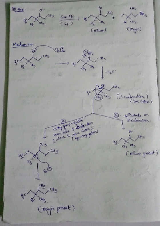 & Ans! OH. CH3 ON I Cone. Her ne (Sy) (menor) (Major) Mechanism out 3. CH₂ -HO 9 -Cabocation ) (loss stable) Baltake on a cab