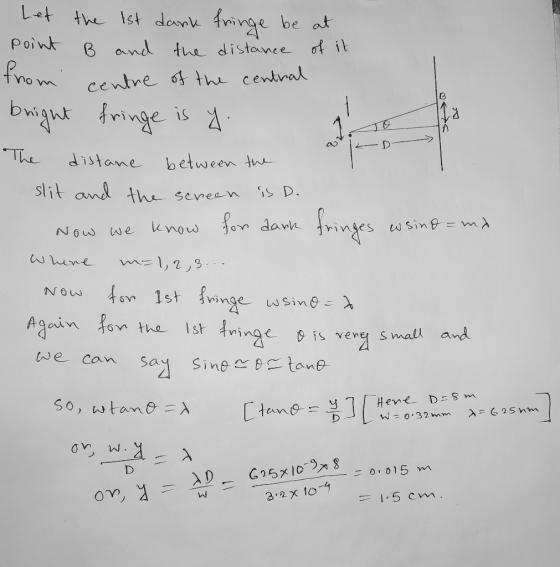 la To L-D Let the 1st dark fringe be at point B and the distance of it from centre of the central bnight fringe is y The dist