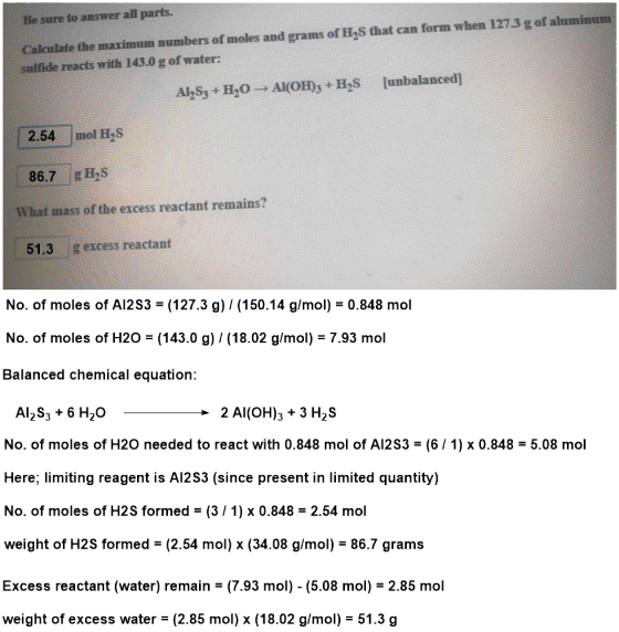 Be sure to answer all parts. Calculate the maximum numbers of moles and grams of H,S that can f sulfide reacts with 143.0 g o