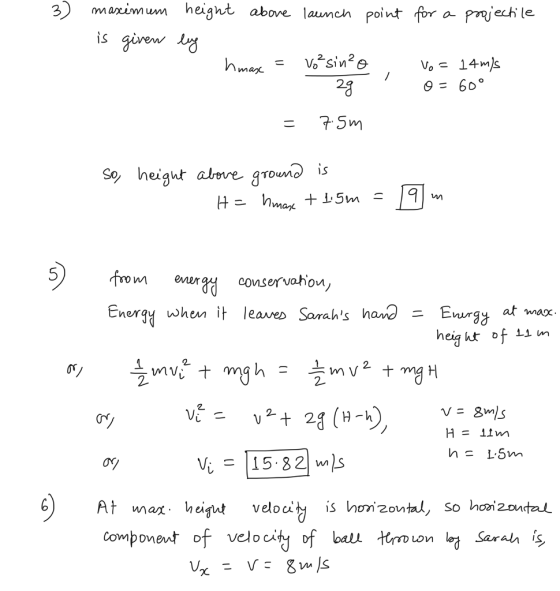 mum height above launch point for a Pny Povjech le manc 2g 7.5m w ener conservahonノ E aneat wax eig ht nerqy whe it leave Sarahs h h of 1i m mVi ナ H=11m component of velo f ba oSarah Saralh is