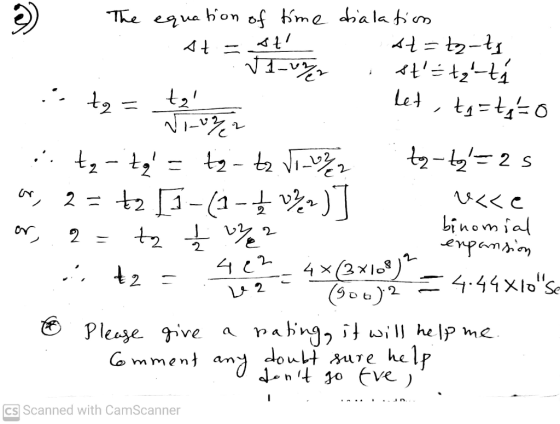 3) At = Ji-ur ; to - ta let , tg=ts=0 The equation of time dialation st At=tzt stte-th Vivre te-tę = t-tz Vi_0% 2 ty-ty=