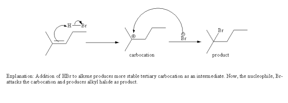 carbocation product Explanation: Addition of HBr to alkene produces more stable tertiary carbocation as an intermediate. Now,