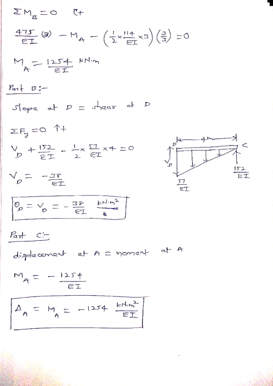 ME 475 3 ( - M A EL M. A 1254 KN.nm Part Slepe atp = shear at D 152 EI 2 ET tu:N7 EL Part at A digla cement atA noment M ET -