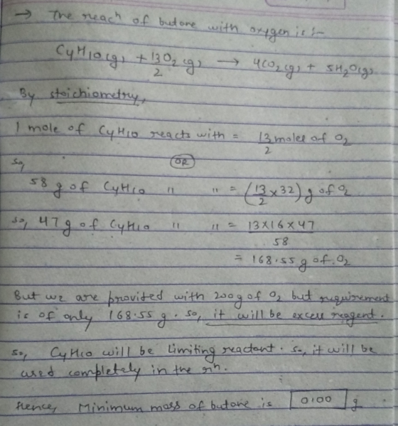 → The reach of but are with oxygen ist Cyh 10g) + 130 g, 4co, eg, + SH₂ Oigs By stoichiometry I mole of Cyhio reacts with = 1