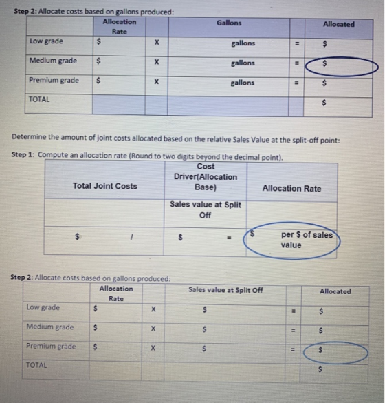 Gallons Step 2: Allocate costs based on gallons produced: Allocation Rate Low grade $ х Allocated gallons = $ Medium grade $