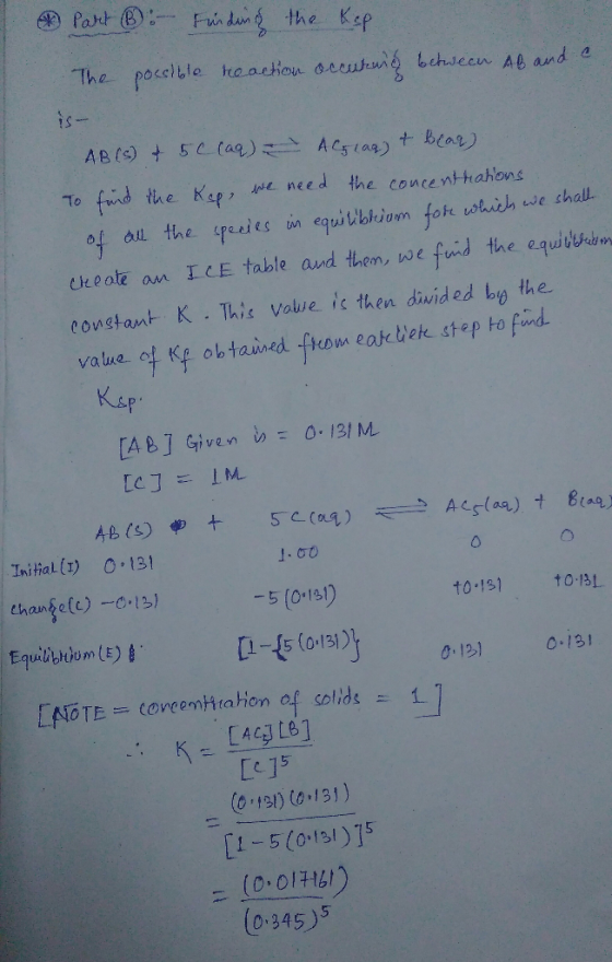 Part B - Finding the Kep. The possible reaction occutang between Aband a is- AB (s) + 52 (aq) = Alglag) & Bear). To find the