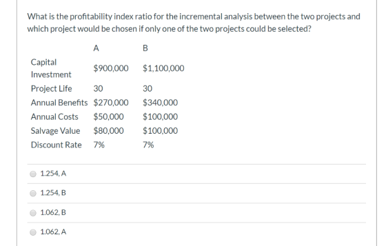 What is the profitability index ratio for the incremental analysis between the two projects and which project would be chosen