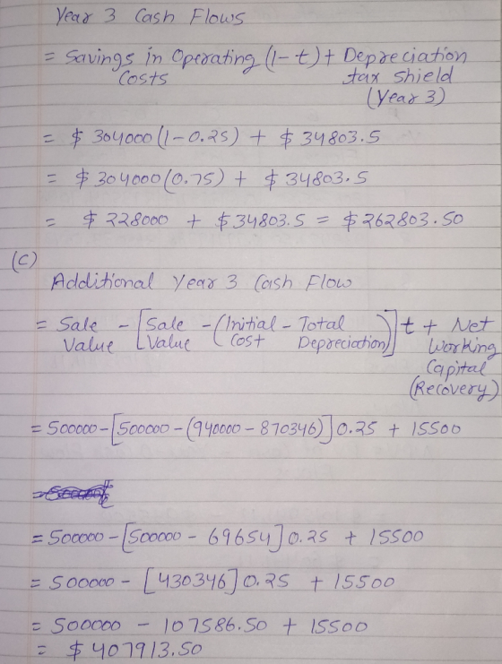 Year 3 Cash Flows = Savings in Operating (1-t) + Depreciation Costs tax shield (Year 3) = $ 304000 (1-0.25) + $ 34803.5 = $30