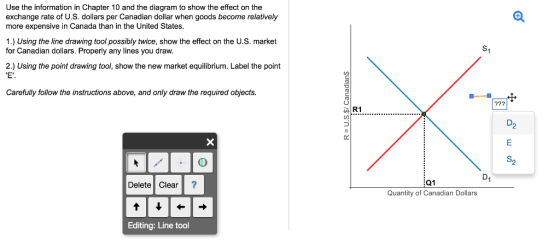 Use the information in Chapter 10 and the diagram to show the effect on the exchange rate of U.S. dollars per Canadian dollar when goods become relatively more expensive in Canada than in the United States 1.) Using the line drawing tool possibly twice, show the effect on the U.S. market for Canadian dollars. Properly any lines you draw. 2.) Using the point drawing tool, show the new market equilibrium. Label the point E Carefully follow the instructions above, and only draw the required objects. 2 Ir Delete Clear? Q1 Quantity of Canadian Dollars Editing: Line tool