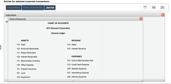 Entries for selected corporate transactions Instructions Chart of Accounts Journal Instructions Chart of Accounts CHART OF AC