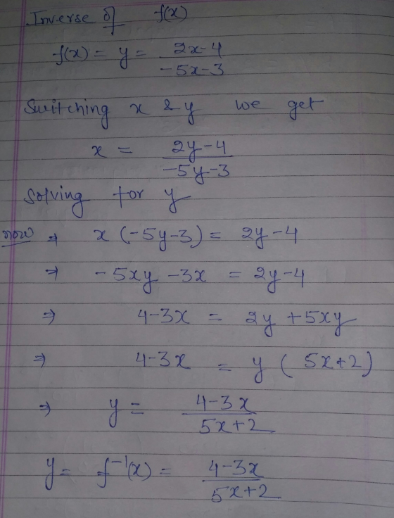 Inverse of f(x) = y = 2x-4 -52-3 Swit itching xay we x = get gy-4 -5y 3 Solving X (-54-3) = 24-4 - 5xy - 3x = 24-4 for y I 4-