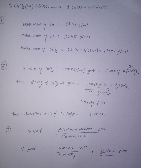 3 Cucylag)+RAS) 3 Cula) RA1C, ) - > 63. 559 /mol Molar man aL Cu Molar man CL Molar was 63.5s +2(35.y5)= 134.Y5 /mol Cucl 3 x