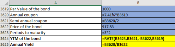 A B 3619 Par Value of the bond 3620 Annual coupon 3621 Semi annual coupon 3622 Price of the bond 3623 Periods to maturity 362