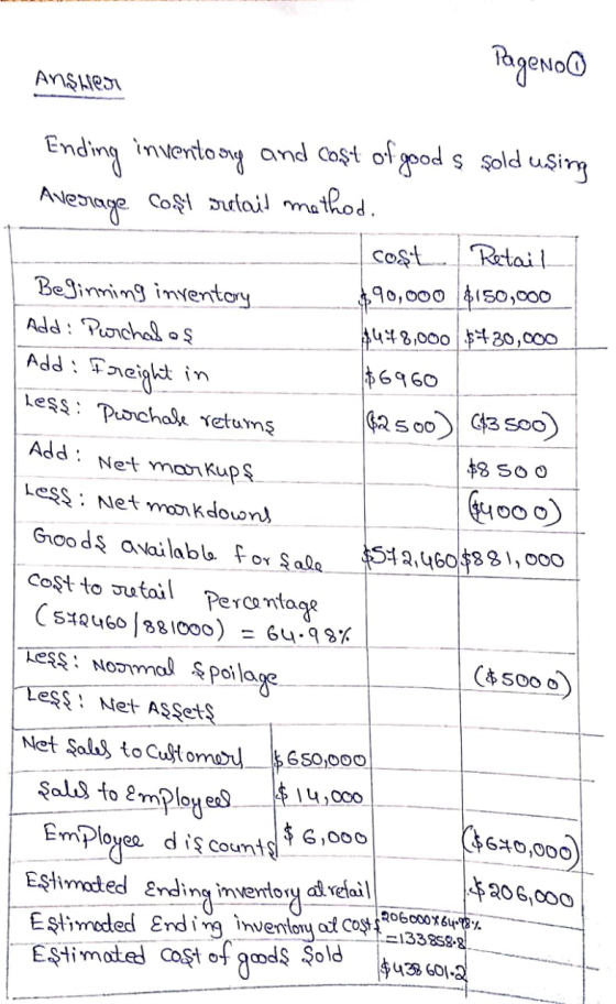 PageNoo Anster Ending inventoong and cost of good ş şold using Average Coşi sulaid method. cost Retail Beginning inventory $9