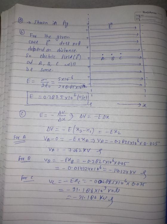 Rajshree @ shown in Bry 6 For the giren care Ê does not depend on distance So electric field (E at A, B, C wlll be sume À E=
