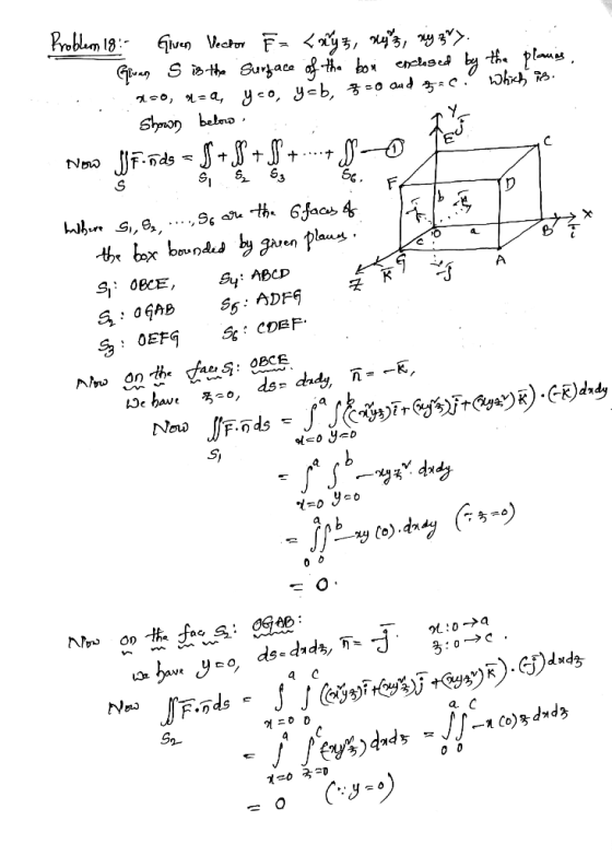 Problem 18:- Given Vector E= <ayz, ny, ry zry.. . Given S is the surface of the boni enclosed by the planas . 1-0, 4-a, yao,