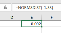 =NORMSDIST(-1.33)
D
E
F
0.092
LL