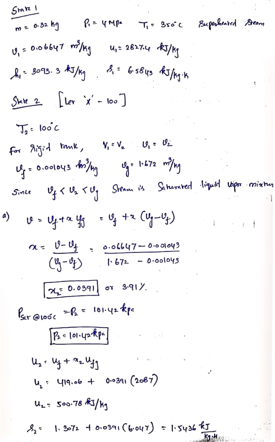 Shake I Pi= umpa 2 kg Ti = 35oC Superheated Steam m = 0.32 V, 0.06647 maling kJ/kg U, = 2827.4 kJ/kg & = 6.5643 kJ/kg .k hi =