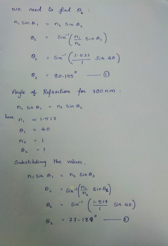 we need to find a : n, sino, ₂ Sin O₂ sin n. sina) п, Sint 1.533 2 Sin 40 40) O 80-195 0 2 - Angle of Refraction for 700nm n,