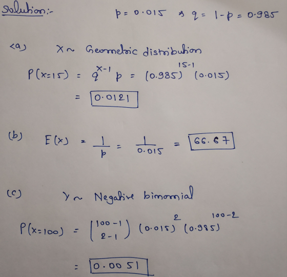 solution: p=0.015 & q= 1-p=0.985 15-1 <a) Xn Geomelic distribution P(x=15) = x p = (0.985) 16.015) = 10:0121 (b) f(x) 1. do