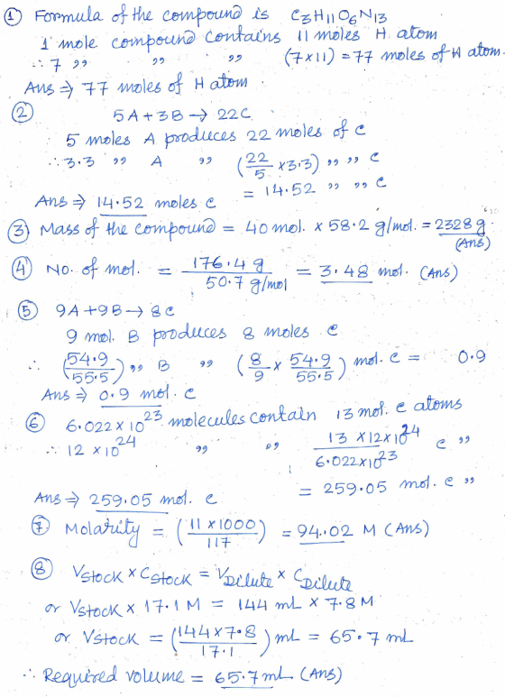 © Formula of the compound is estiloENIS I imole compound contains 11 molesHi atom 4:7 99 9911 9 (7411) -77 moles of H atom. .