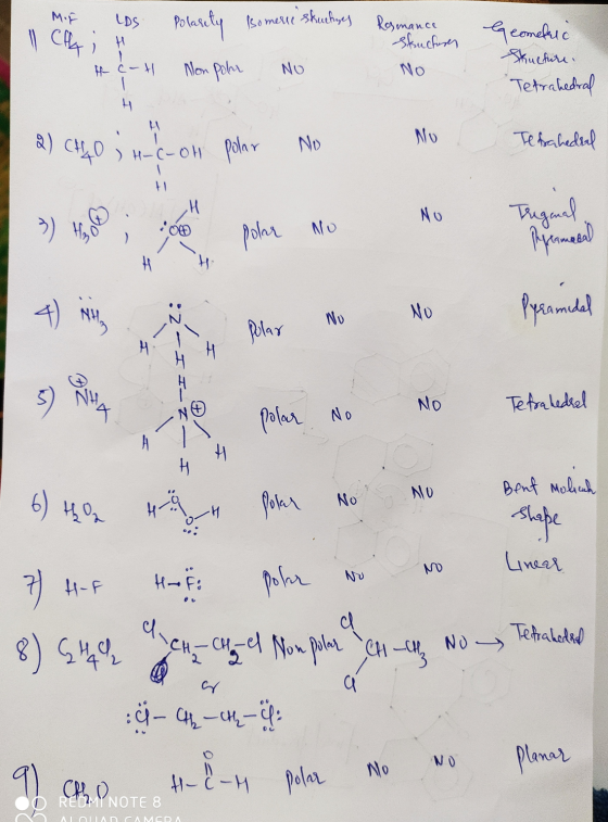 comerse skuchyes Rosmance #C-H Non pola No Geometric Skructure Tetrahedral ; H-C-Oh Polar No Tetrahedral Tregenal Ho 0 pohr N